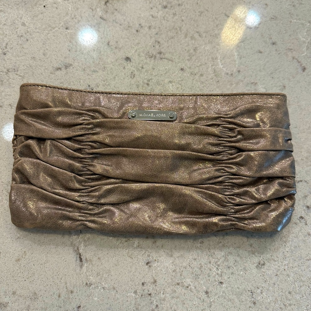 Michael Kors Ruched Leather Silver Wallet Clutch Crossbody